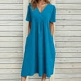 thumbnail image 3 of Tshirt Dress Women Cotton Linen Spring Summer Short Sleeve V Neck Smocked Loose Fit Flowy Midi Dress with Pockets, 3 of 5
