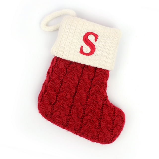 Diconna Christmas Present Sock, Lettering Initials Snowflake Pattern Knit Cartoon Stockings Cloth Gift Container Decorative Bag