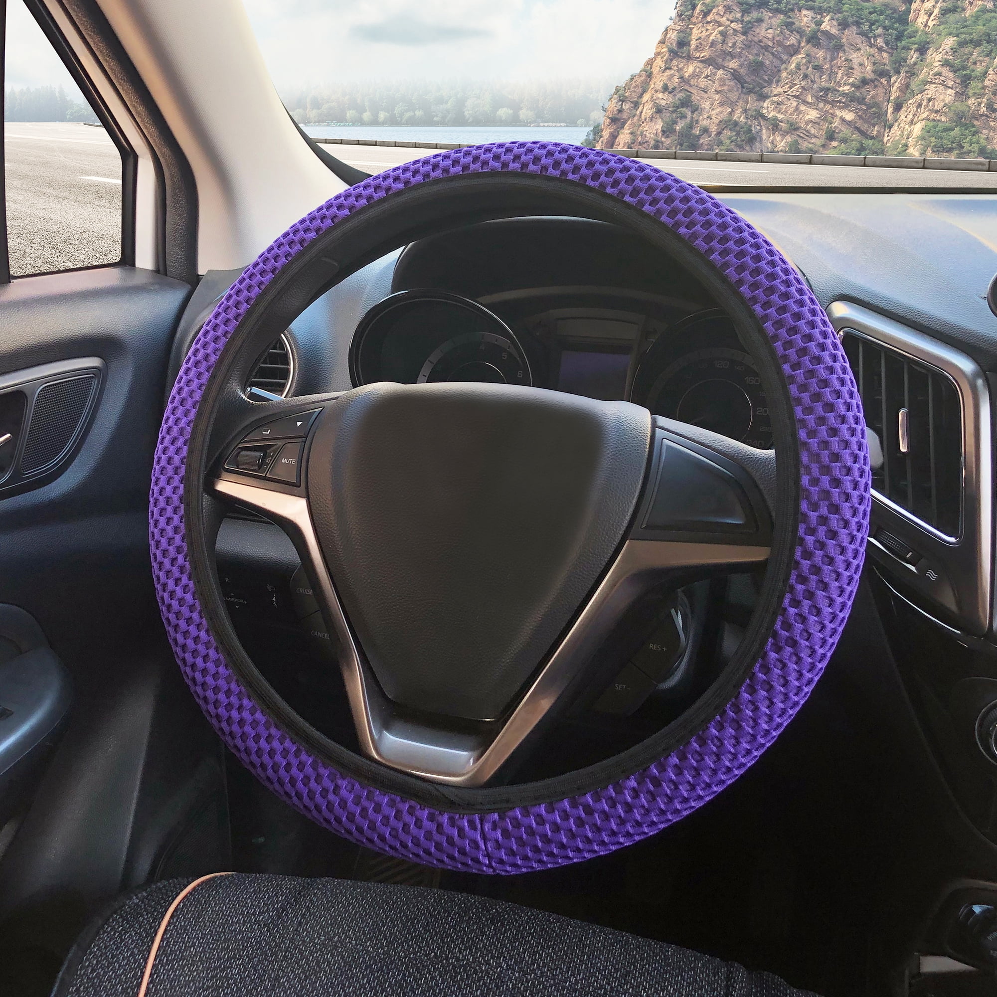 Unique Bargains Anti Slip Steering Wheel Cover Elastic Mesh Cloth 15" Purple