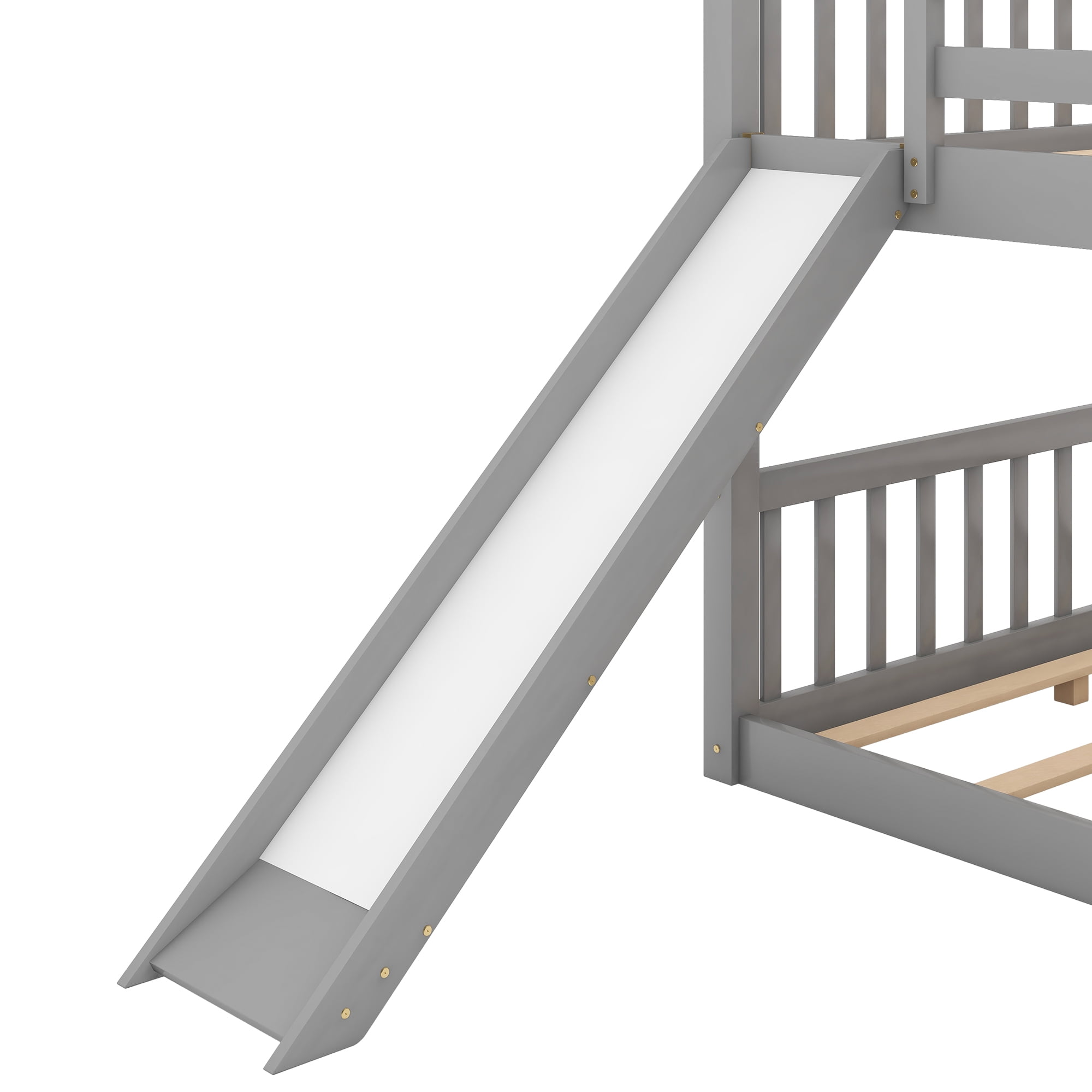 Euroco Full over Full Floor Bunk Bed with Inter-Changeable Slide and Ladder, Solid Wood Bunk for Kids Teens Adults, Gray