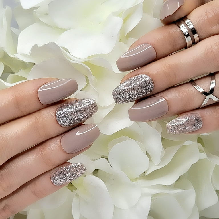 Hypnaughty 24 Pcs Beige Ballerina Press On Nails with Glue Medium Short  Length Fake Nails with Glitter Design Glossy Acrylic Press On Nails Full  Cover 