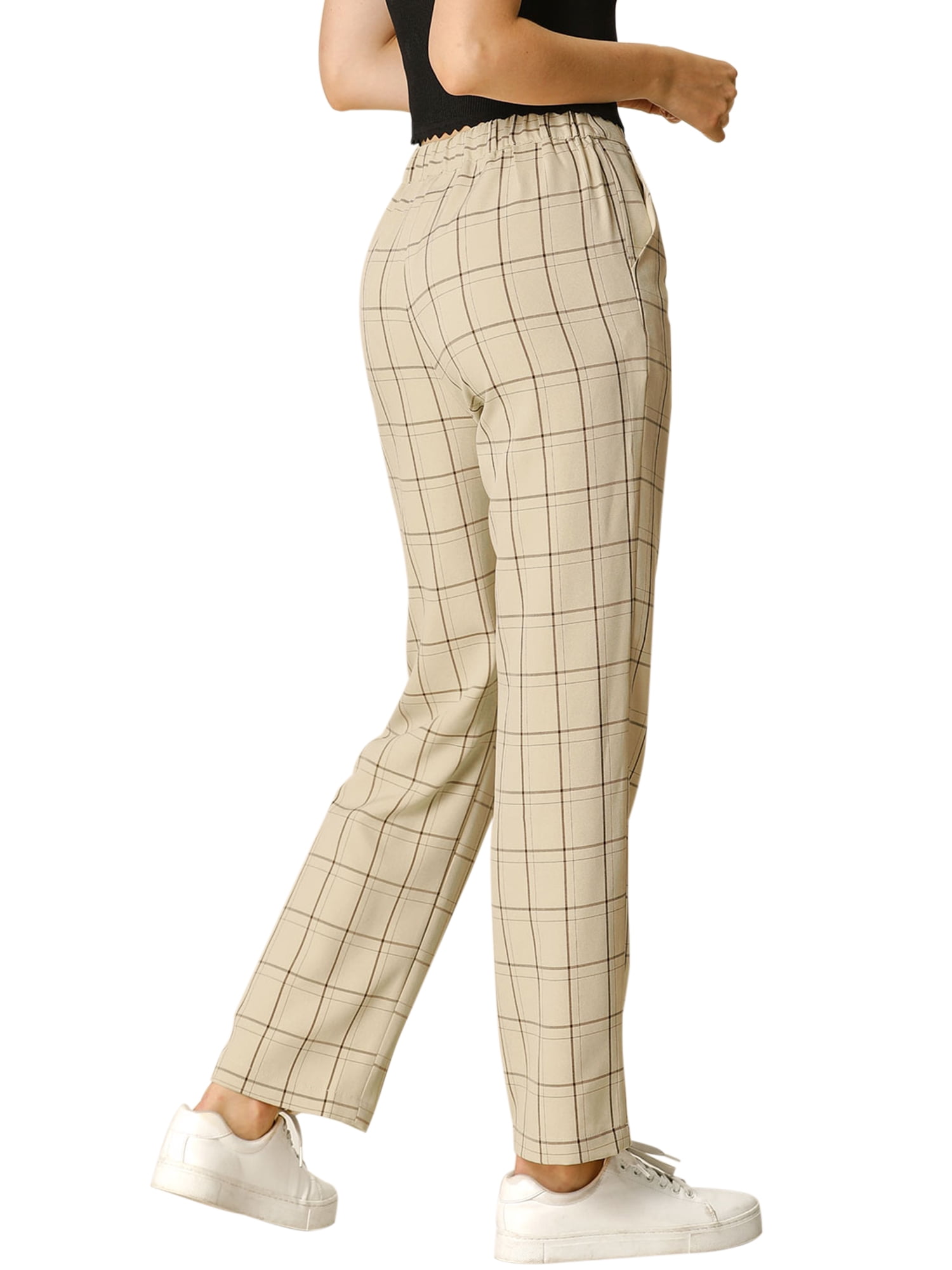 DARING DIVA Women's Plaid Trousers Pockets Straight Leg Casual Pant XL Khaki