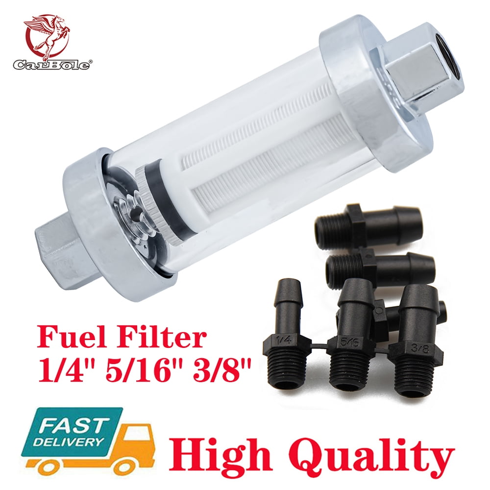 Show as photo-Universal Chrome Glass Fuel Filter, 100%, 1/4, 5/16, 3/8 inch, Reusable, Inline Washable, 4.2 inch