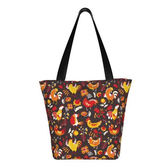 Uemuo Roosters Print Tote Bags for Women,Large Capacity Corduroy Bag,Reusable Grocery Shoulder Bag,Beach Tote with Zipper Closure, Daily Essentials