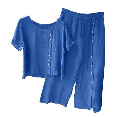 

Naughtyhood Womens Pajama Sets Women s Solid Crewneck Button Half Sleeve Pullover Shirt Tops + Pants Trousers Set Matching Blue XXL