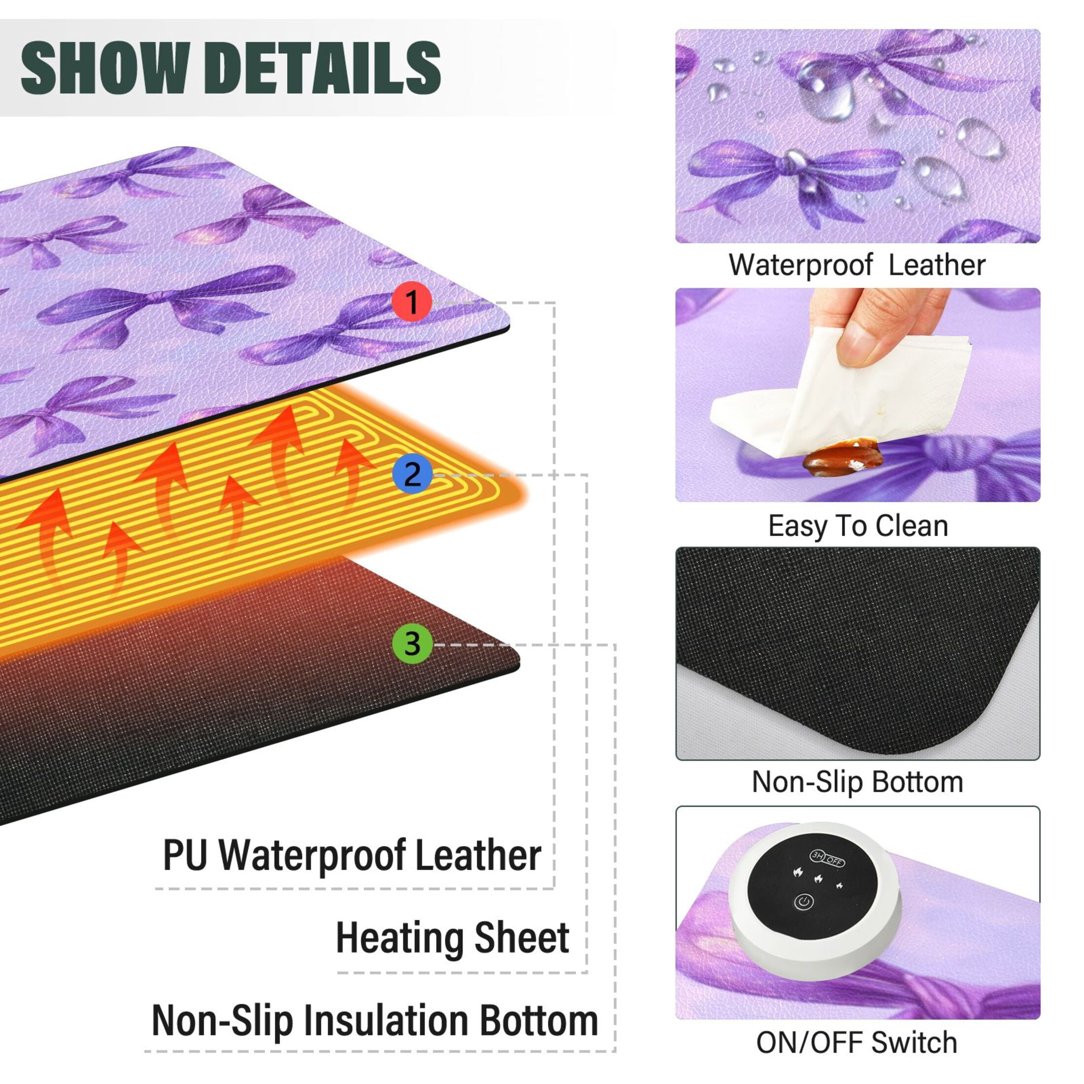 Large Heated Desk Mat Mouse Pad 31.5"x13"PU Leather Graphene Heating Desk Warmer with 3 Temperature Settings 110V US Plug Non-Slip Warm Pad for Home, Office, and Gaming Vibrant Purple Bows Pattern