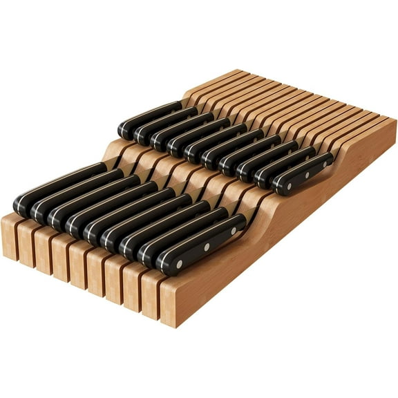In-Drawer Knife Block Organizer - Bamboo Wood Drawer Knife Organizer-Protecting Knife Organizer Block (Not Included) (Natural, 19 Knives Dock)
