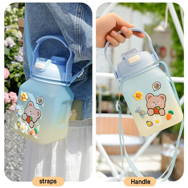 Cartoon Plastic Water Bottle With Strap, Pop-up Lid And Soft Straw, Cute  Design