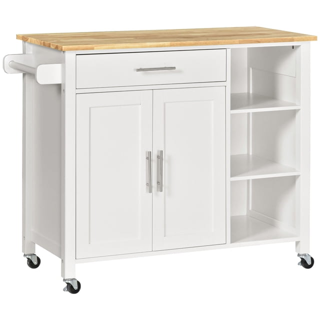 White Rolling Kitchen Island Cart with Drawer & Shelves - 42" Wide Kitchen Storage Cart on Wheels for Dining & Entryway Use