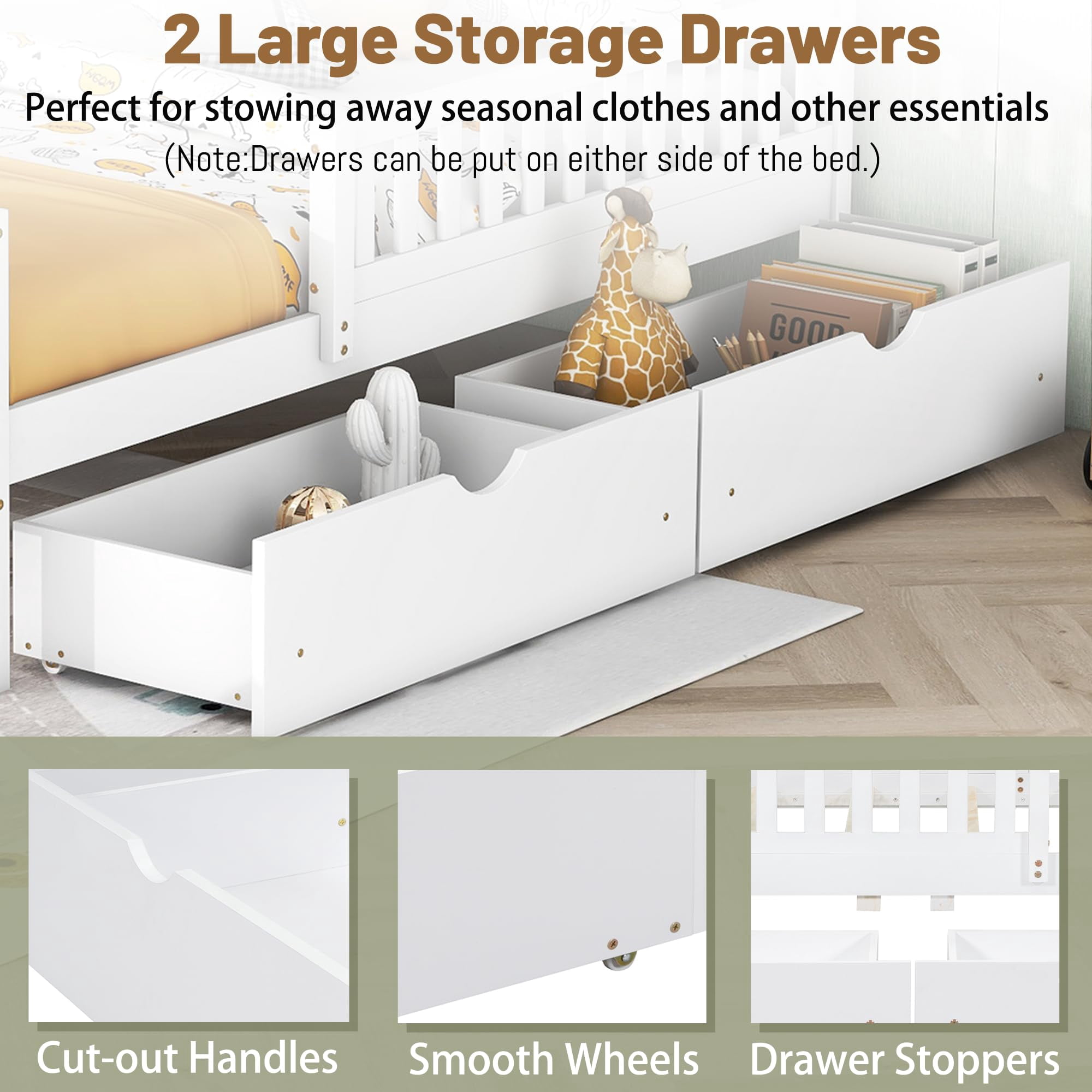 Mirightone Full Bed Frame, Wood Full Size Bed with Storage Drawers, Full Storage Bed with Guardrails on Both Sides . ( White)