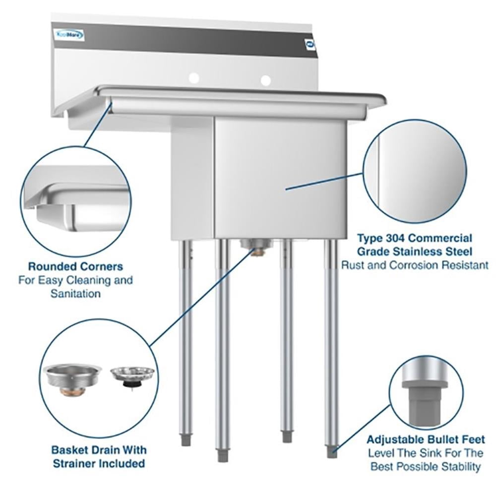 Pemberly Row Silver 14x16x11 Left NSF Stainless Steel Kitchen Prep/Utility Sink