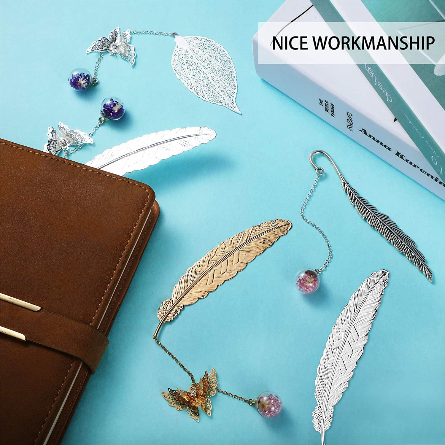 6 Pieces Metal Feather Bookmark Metal Leaf Bookmark with Book Clip Pendant 3D Butterfly Pendants Glass Dry Flower Beads Pendant for Reading Adults Kids Students Present Silver Gold Three Models