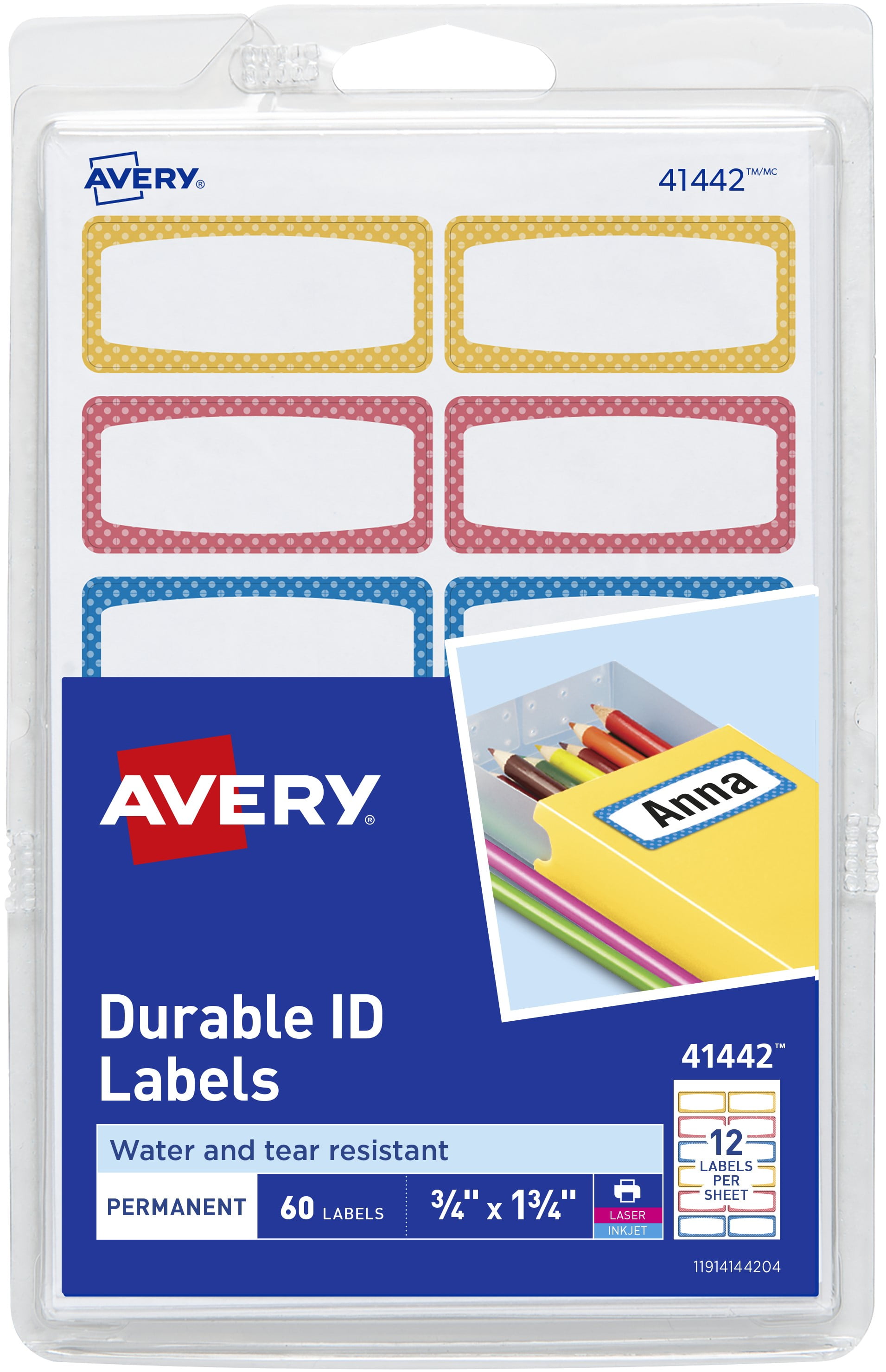 (3 pack) Avery Durable ID Labels, 3/4" x 1-3/4", Film, Permanent, Neon Border, 60 Labels