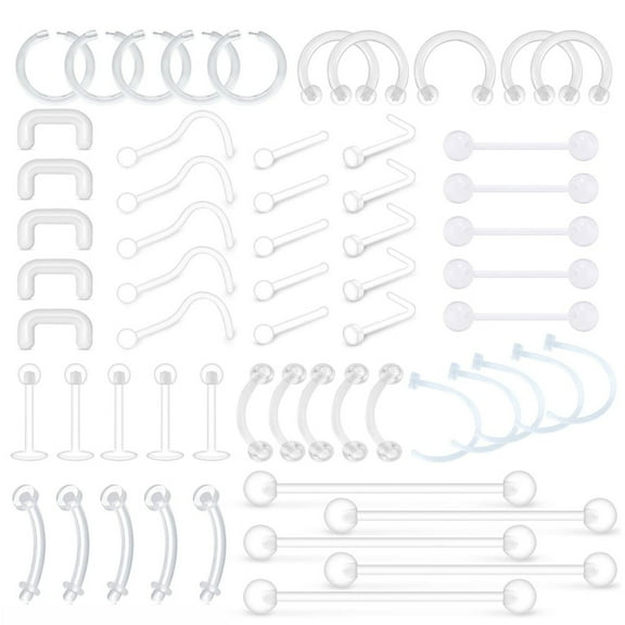 60PCS Clear Piercing Retainer Septum Retainers Nose Studs Flexible Lip Ear Nose Hoop Tongue Rings Nipple Ring Cartilage Rook Daith Earrings Plastic Industrial Piercing Jewelry Retainer