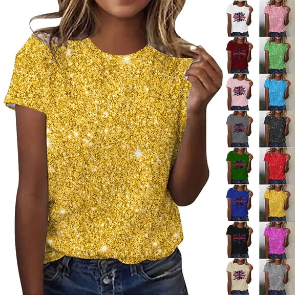 Otvok Womens Sparkling Crystal Printed Round Neck Short Sleeve Tops