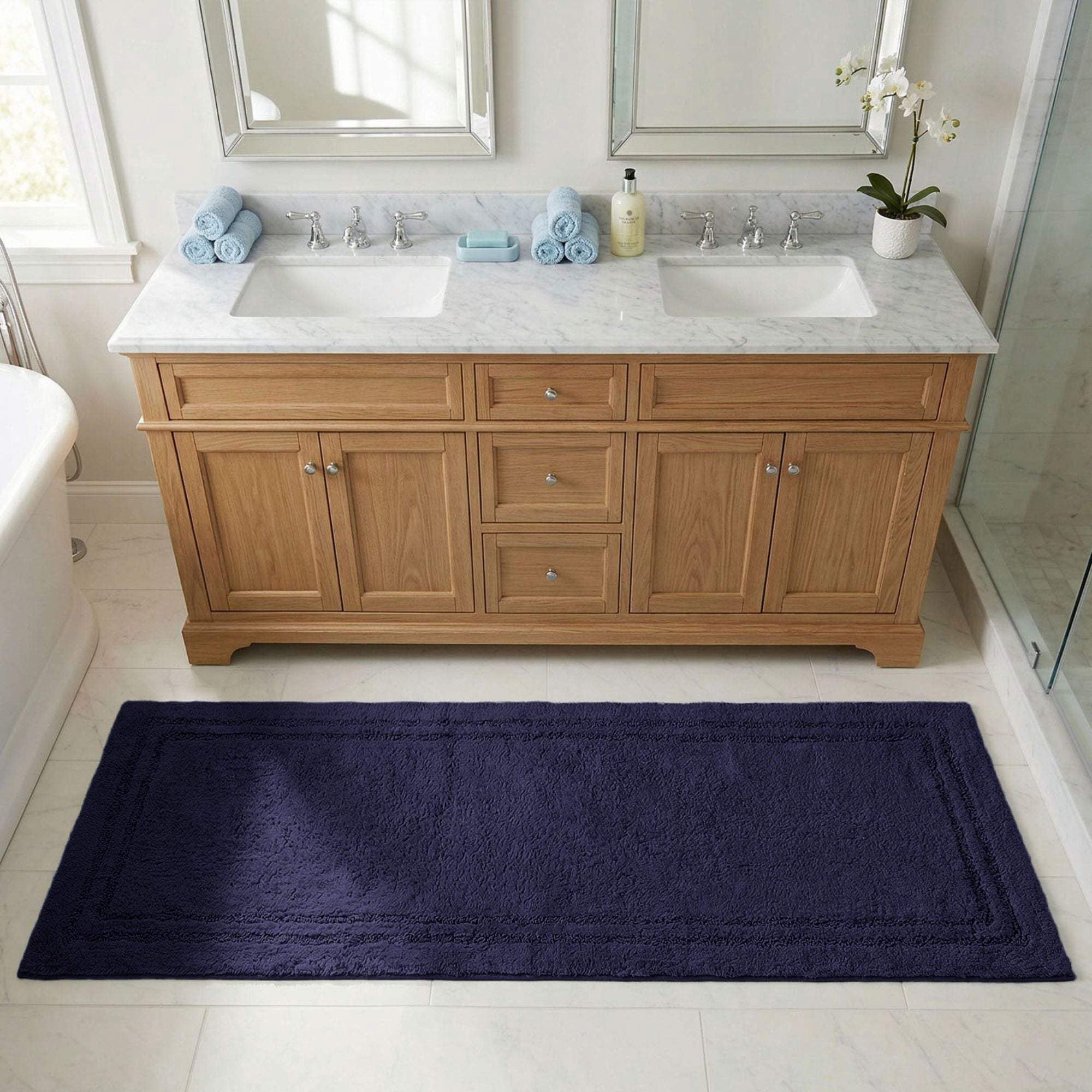 Superior Solid Bordered Cotton Washable Non-Slip Bath Rug, Runner Size, Navy Blue