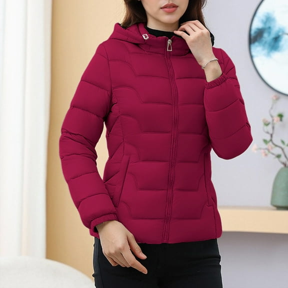 PiGOGI Women's Winter Jacket Ladies Casual Colored Long Sleeve Hooded Jacket Fashion Red XL