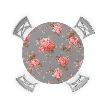 

Round Tablecloth with Elastic Pink Flower Watercolor Style Waterproof Stain-proof Table Cover Wipeable Fitted Table Cloths for 36 -44 Round Tables Dining Kitchen