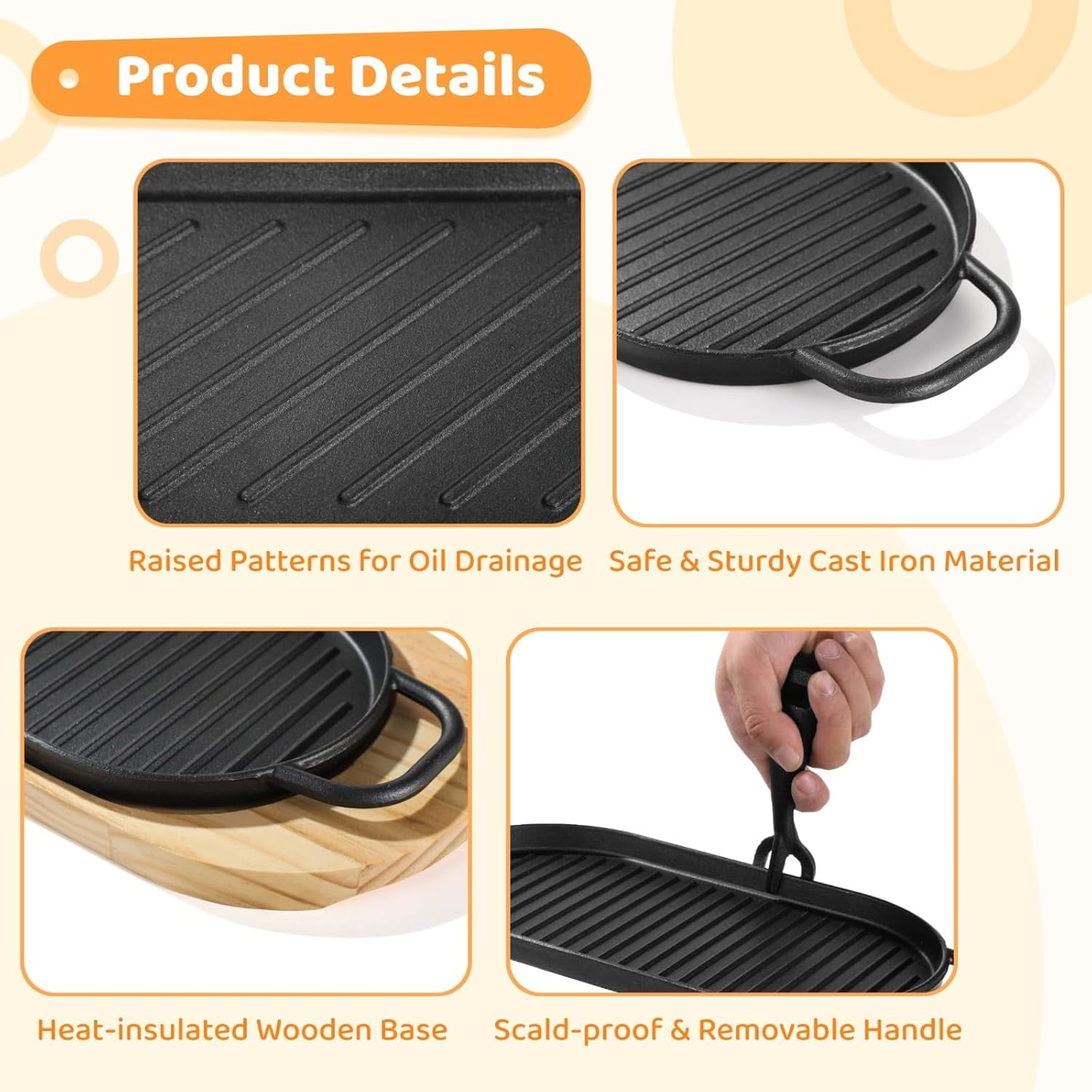 Cast Iron Skillet Set 2 PCS Fajita Plate Sizzling Pan with Wooden Base Removable Handle for Outdoor Grilling BBQ Kitchen Cooking
