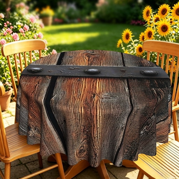 Round Tablecloth, Rustic Oak Whiskey Barrel Top 2D Print, Vintage Farmhouse Table Cover for Patio Garden Gatherings, Kitchen Dining Decor