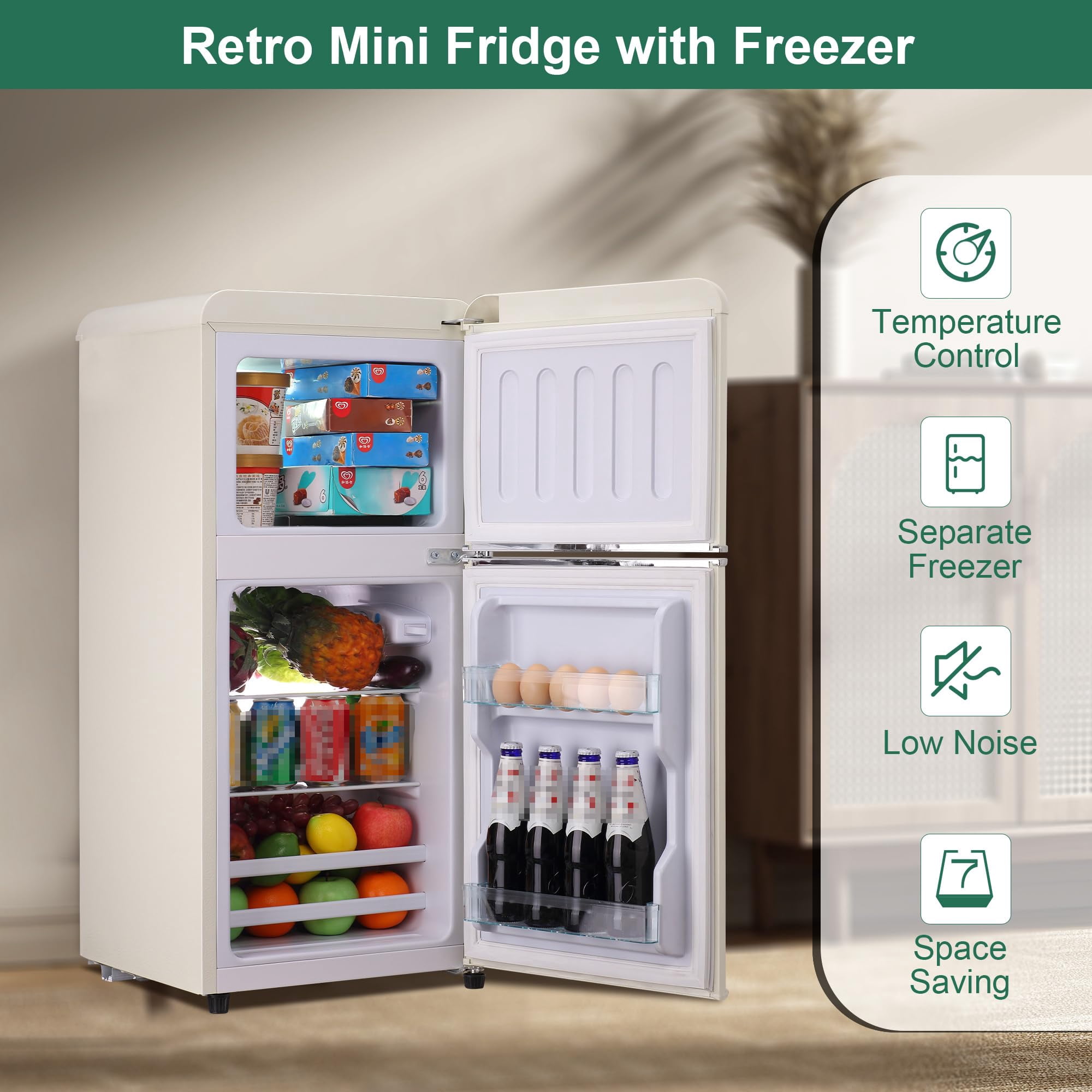 Mini Fridge with Freezer 4.0 Cu. Ft, Retro Small Refrigerator with 7 Level Adjustable Thermostat, Compact Classic Dual Door Fridge Removable Glass Shelves for Apartments, Dorm, Office, Cream