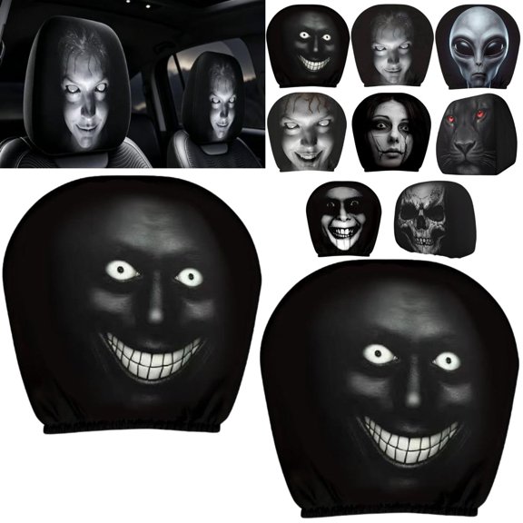 Halloween Car Headrest Covers Ghost Face 2 Pack, Cartoon Stretchy Seat Headrest Protector Soft Polyester Fabric with Funny Print for Auto Interior Decoration