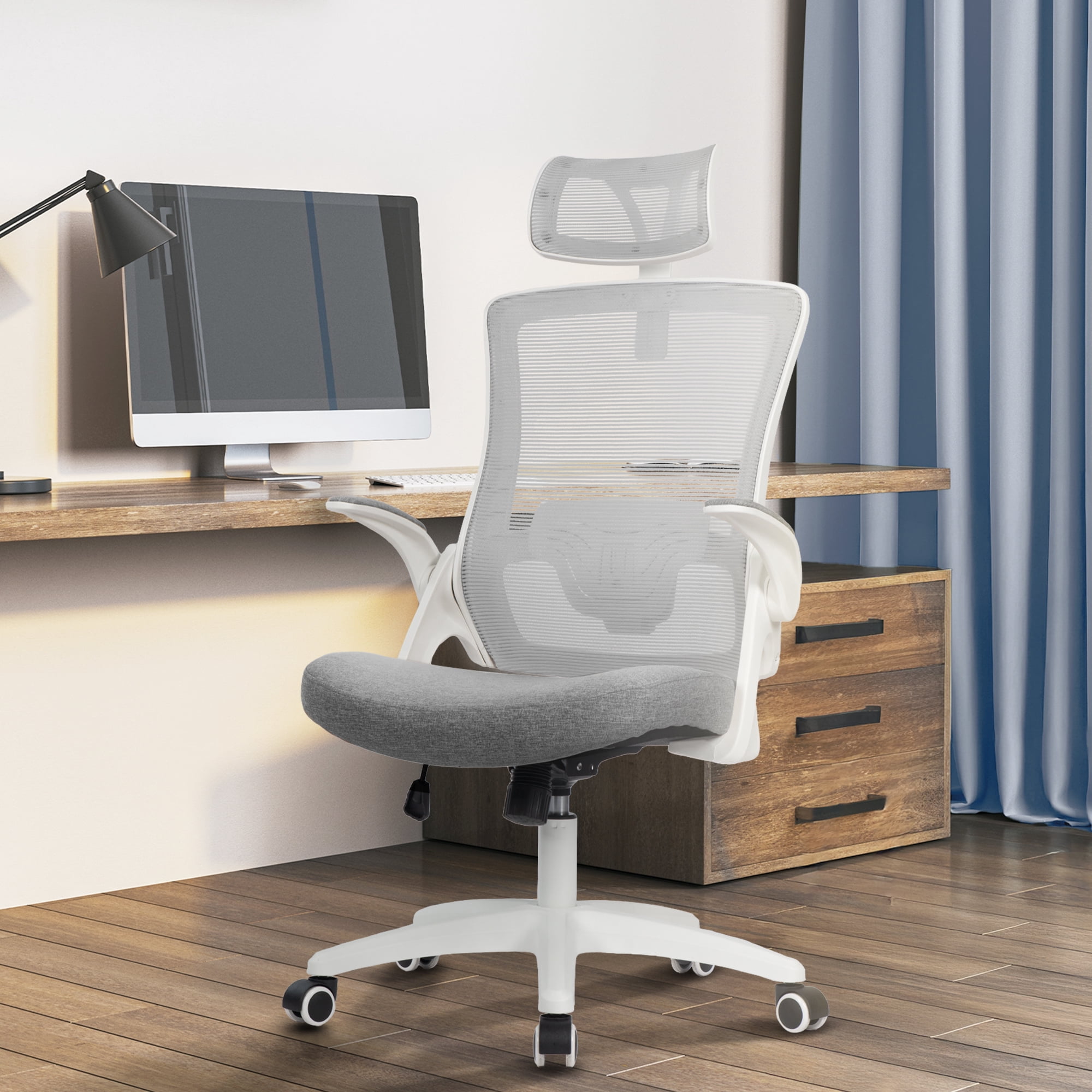 CELTOSS Ergonomic Office Chair, High Back Flip-Up Armrests Design, Adjustable Mesh Headrest and Lumbar Support, Gray