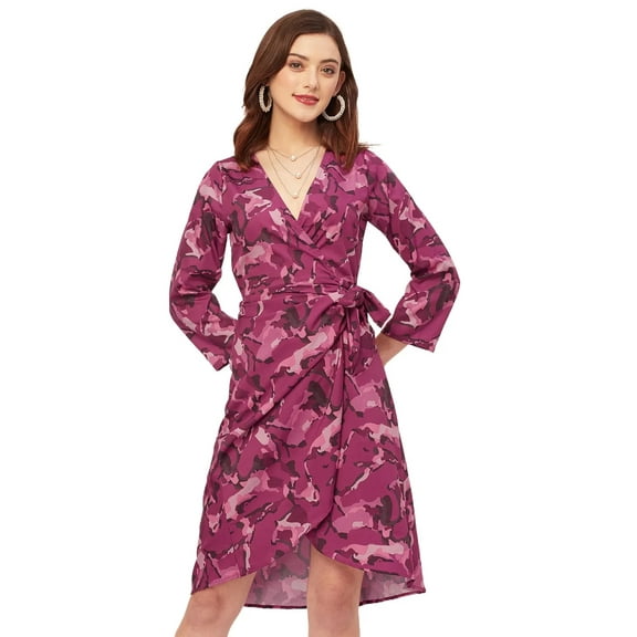 Moomaya Long Sleeve V Neck Wrap Printed Dress - Women's Stylish Wrap Dress