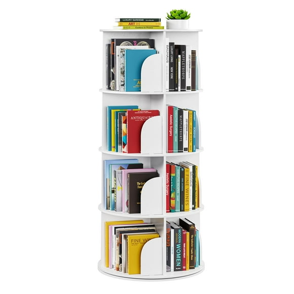 SpaceAid 4 Tier Rotating Bookshelf Tower Spinning Bookcase Lazy Susan Revolving 360 Book Shelf Storage Round Carousel Vertical Rotate Turning Spiral Corner Organizer White