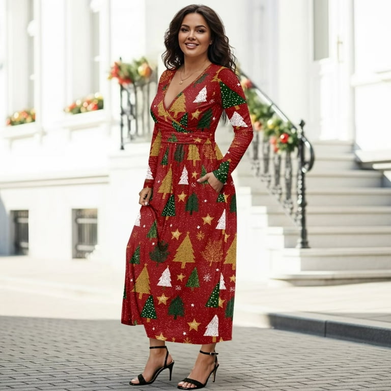 Fkelyi Xmas Christmas Tree Print Fall Maxi Dress Women's Long Sleeve V Neck Wedding Guest Dresses Flowy A-Line Elegant Dress with Pockets for Spring,