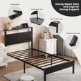 thumbnail image 3 of Bexfil Twin Size LED Bed Frame with Charging Station, Modern Metal Platform Bed with Wood Headboard, Black Oak, 3 of 7