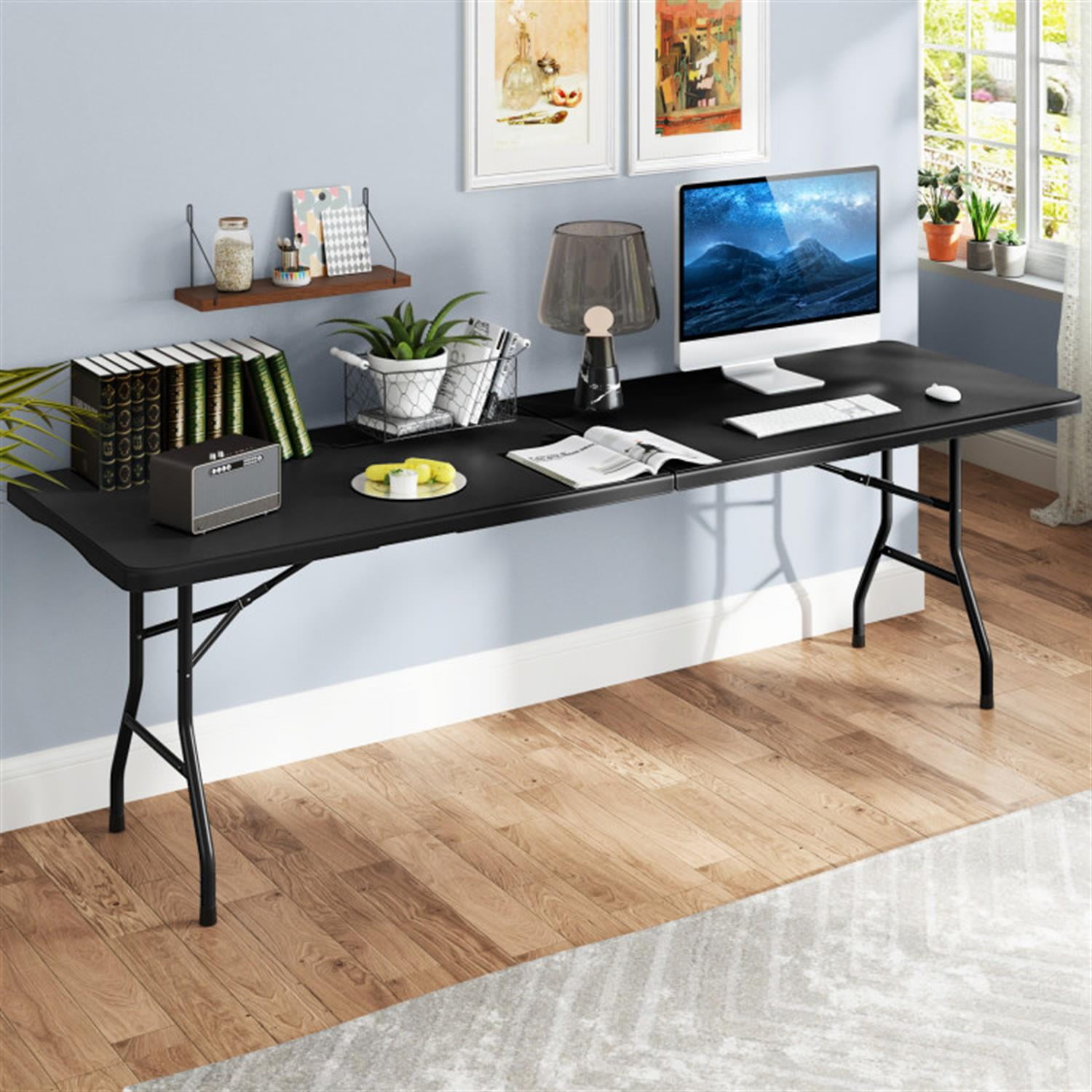 Demi Bonn 8 ft Portable Folding Table 350S Fold-in-Half Table with HDPE Tabletop fordoor Outdoor, Plastic Dining Picnic Party Camping Table, Black