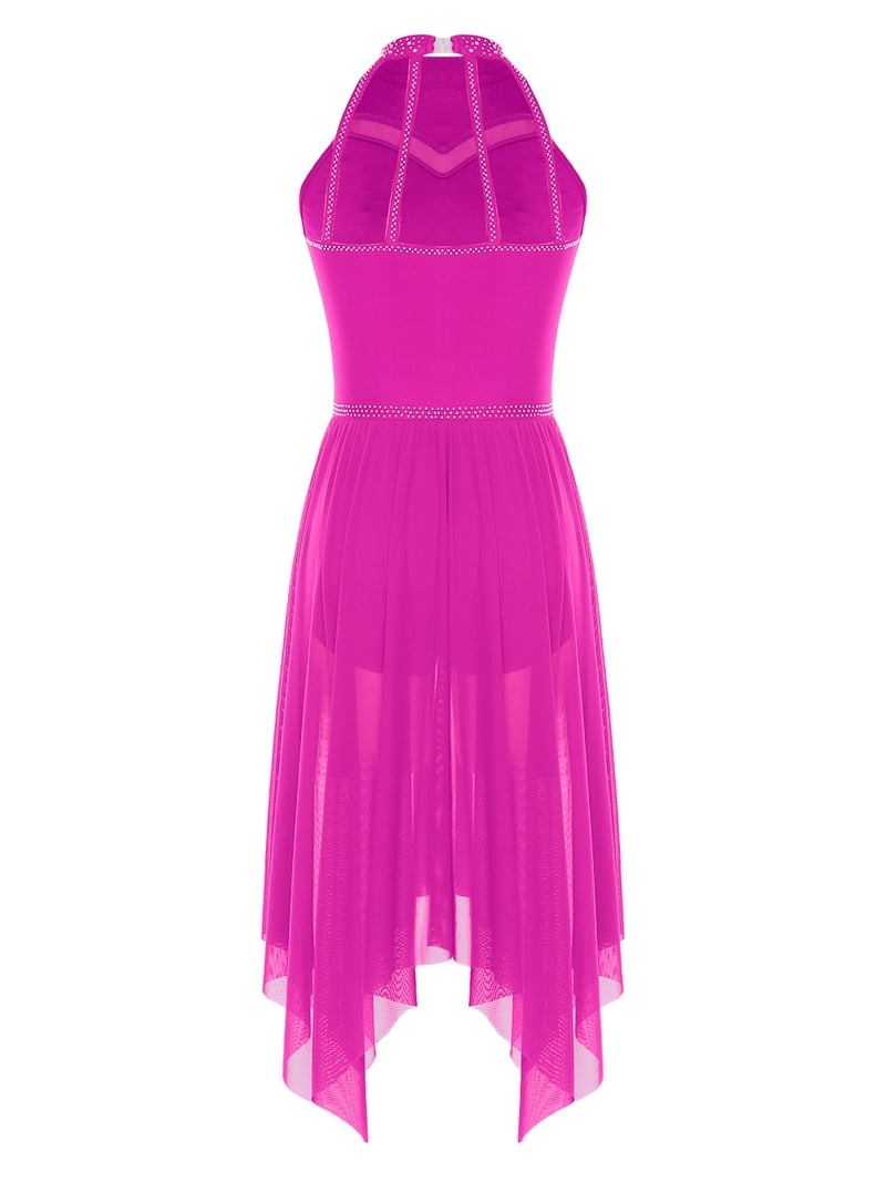 Doomiva Lyrical Dance Dress for Women Rhinestones Irregular Ballet Dress Skating Dance Outfit Light Hot Pink XXL, Women's, Size: 2XL, Blue