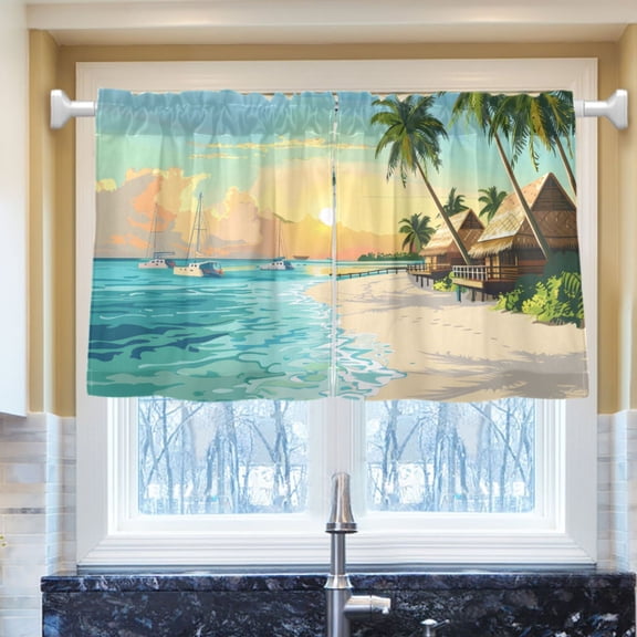 Ryvnso Beach with Palm Trees Half Curtains Sets Tier 2 Panels Short Curtain Rod Pocket 27"W x 24"L