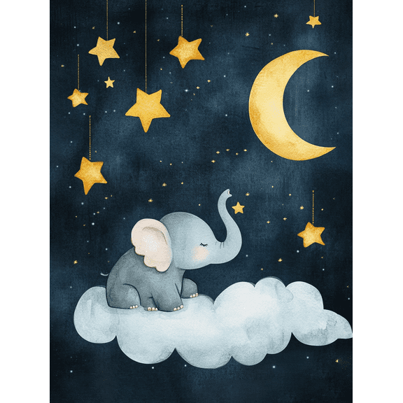 Cute Elephant Cloud and Stars Canvas Print/Wall Art, Suitable for Nursery Decor, Bedroom Decoration, Living Room Accent, Kids Room Decor, and Playroom Wall Art.