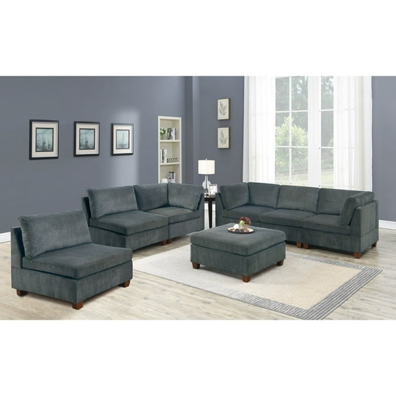 Miekor Furniture Living Room Furniture Gray Chenille Modular Sectional 7pc Set Modular Sofa Set Couch 3x Corner Wedge 3x Armless Chairs and 1x Ottoman Plywood W5U519