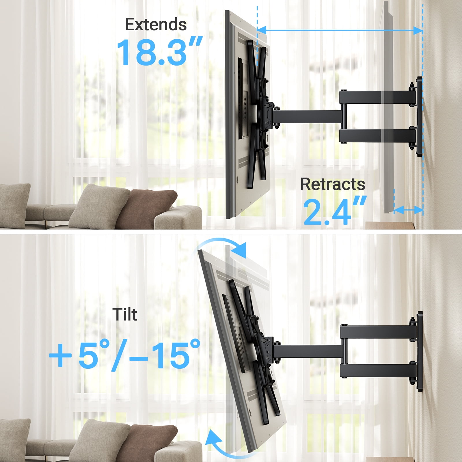 PERLESMITH Full Motion TV Wall Mount for 26"- 60" TVs, 70 lbs Capacity, UL Listed, PSMFK18B