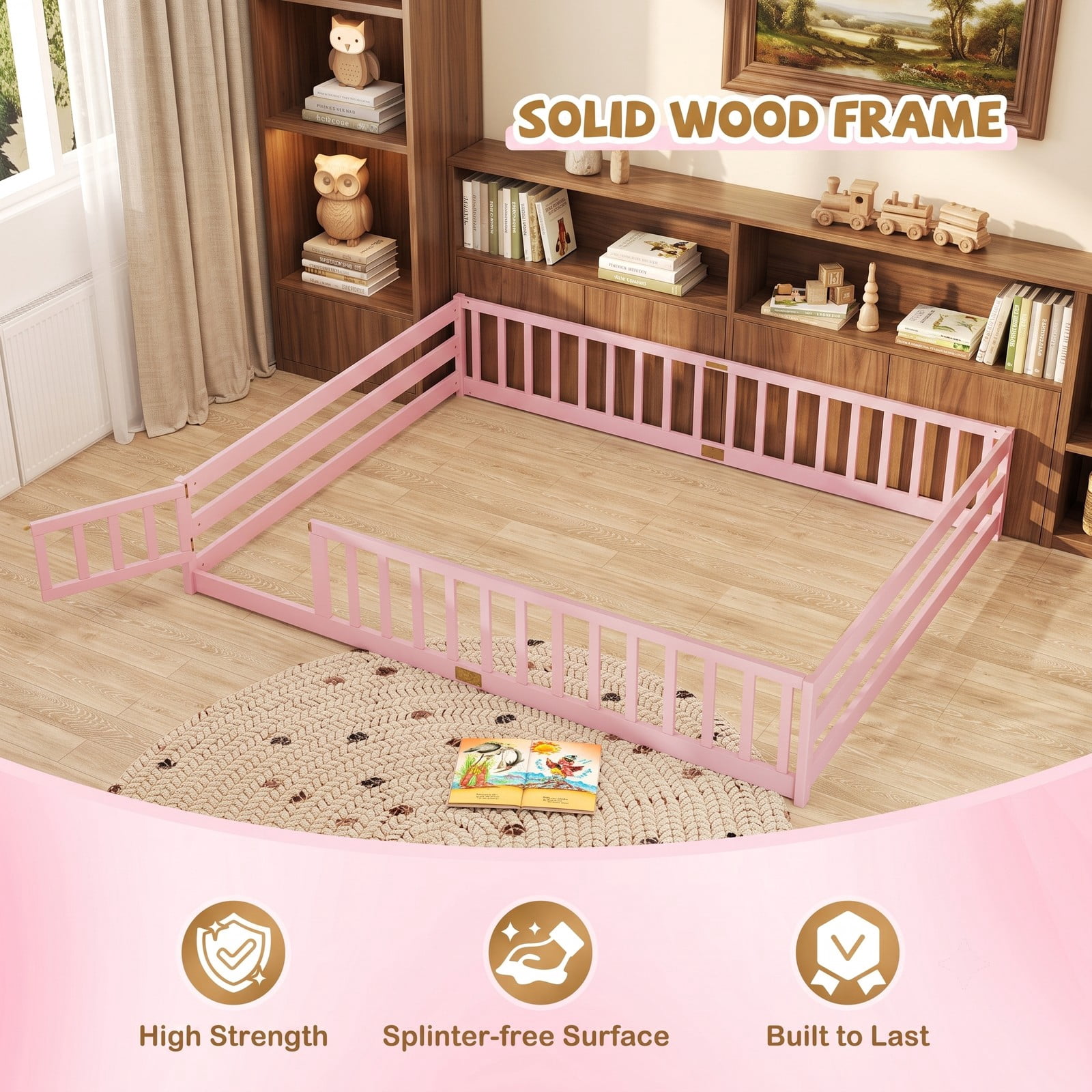 Furnibear Queen Size Wood Montessori Floor Bed Frame with Full Length Guardrails and Lockable Gate, Queen Bed Frame for Kids Bedroom, Pink