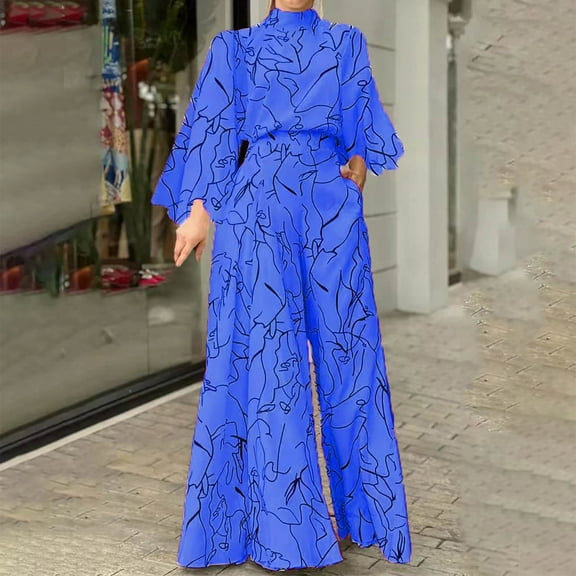 Wycnly Womens Jumpsuits Fashion Business Empire Waist Plus Size Loose Wide Leg Long Jumpsuits Trendy Striped Print Half High Neck Long Sleeve Maxi Rompers for Women