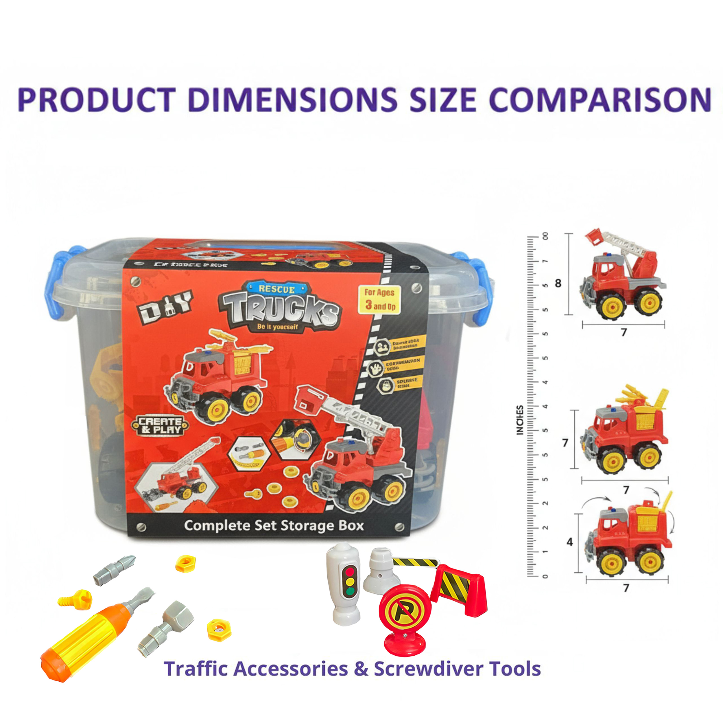 STEM DIY Fire Rescue Truck Building Kit (2 Vehicles) with Screwdriver, Traffic Signs & Moving Parts – Friction-Powered Take Apart Toy for Kids 3+