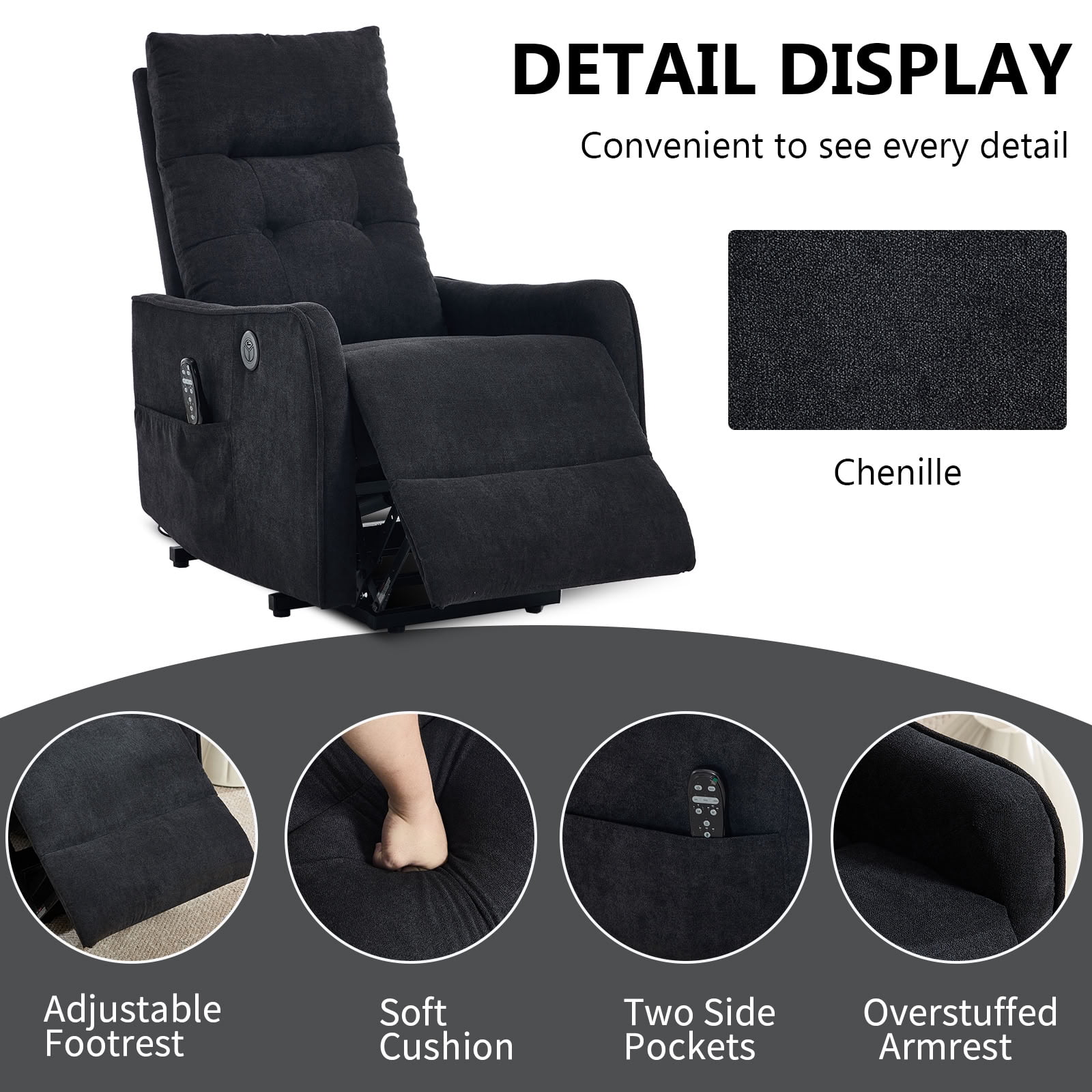 MAYEERTY Chenille Power Lift Recliner Chair for Elderly, Single Motor Electric Lift Chair with 8-Point Massage & Lumbar Heat, USB Charging Port, for Living Room Bedroom