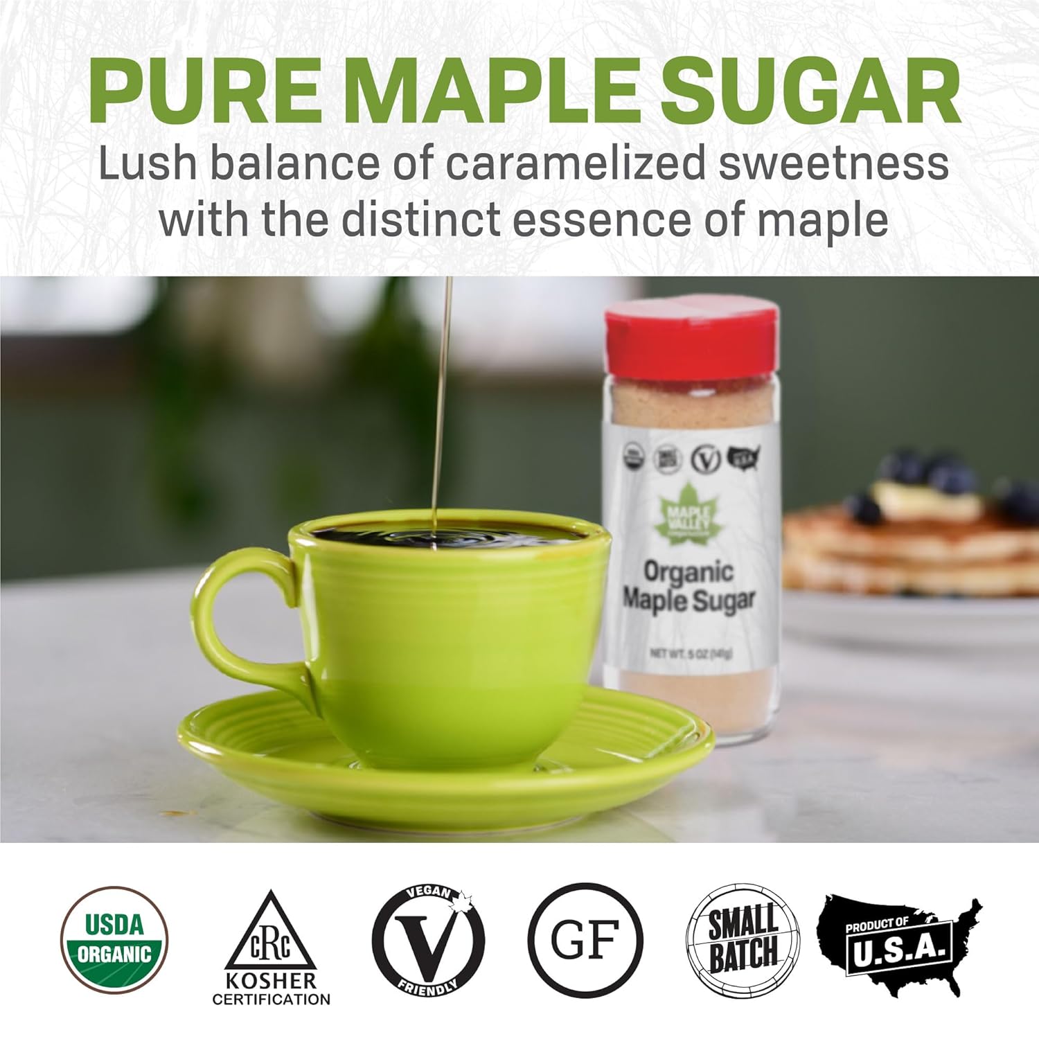 Maple Valley Organic Pure Maple Sugar Granulated, Natural Sugar Alternative, Good in Coffee, Baking, Cooking, Made in USA, 5oz Shaker