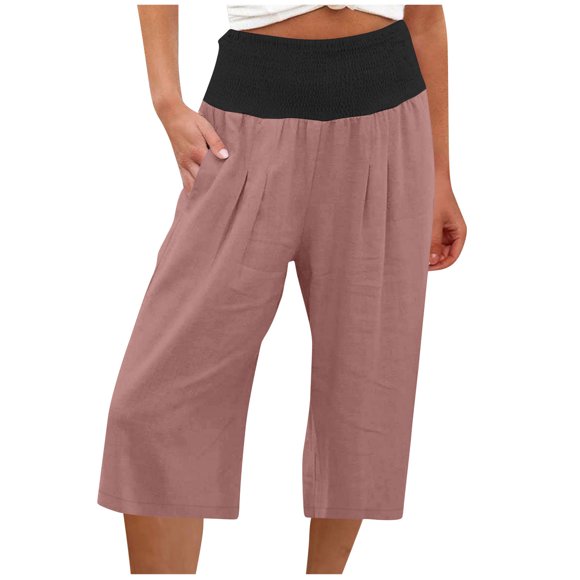 Charella Cozy Linen Capri Pants for Women Summer Casual Color Block Smocked High Waist Loose Wide Leg Capris (Small, Pink)