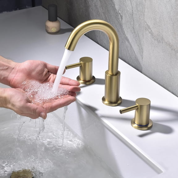 Brushed Gold Bathroom Faucet 3 Hole, 8 in Gold Widespread Bathroom Sink Faucet with Pop Up Drain and Supply Lines, Stainless Steel 2 Handle Gold Sink Faucet for Bathroom Vanity