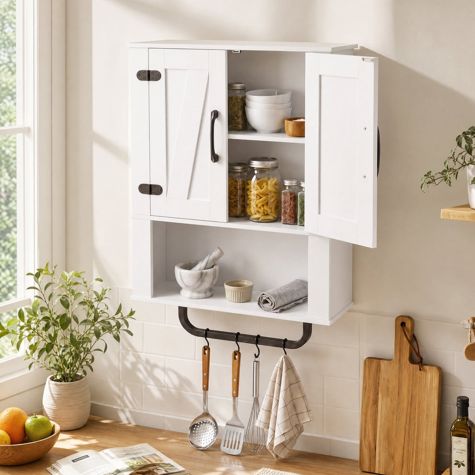 Vebreda Bathroom Wall Cabinet with 2 Sliding Barn Doors & Towel Bar, 3-Tier Farmhouse Wall-Mounted Storage Organizer with Open Shelves, White