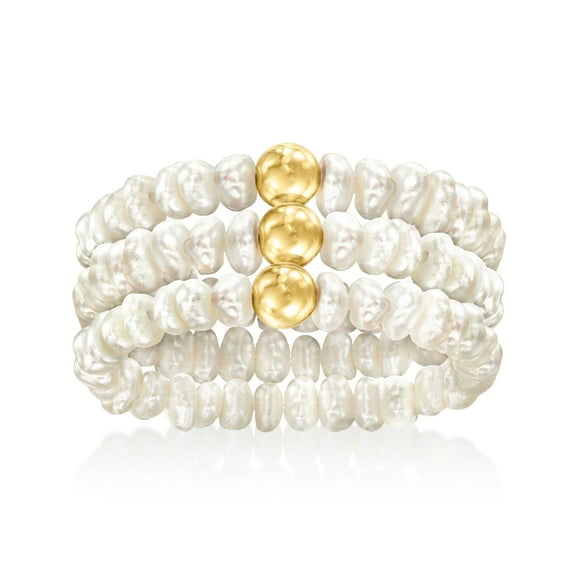 Pure Collection by Ross-Simons 3-4mm Cultured Pearl Jewelry Set: 3 Stretch Rings With 14kt Yellow Gold, Women's, Adult