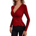 thumbnail image 3 of T-shirt à Manches Longues Ajusté Col en V Profond Froncé pour Femmes, Rouge Vin P, 3 of 5