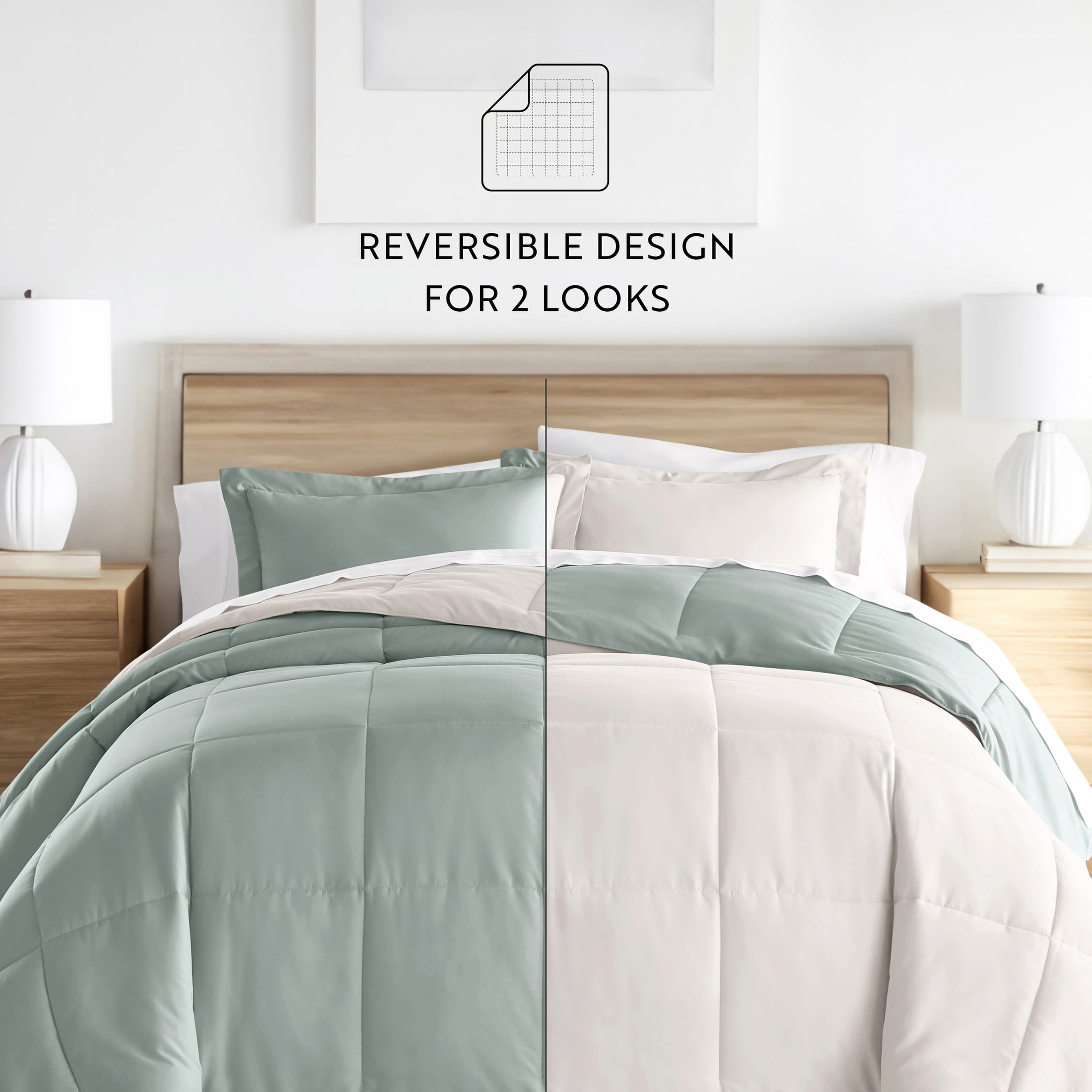 Noble Linens Soft 3-Piece Eucalyptus & Natural Reversible All Season Lightweight Down Alternative Comforter Set, Full/Queen