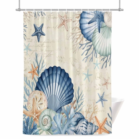 Summer Marine Life Shower Curtain, Retro Watercolor Starfish Ocean Shell Conch Waterproof Shower Curtain Set with 12 Hooks Lightweight Bath Curtains Fabric Bathroom Decor 48x72 Inches