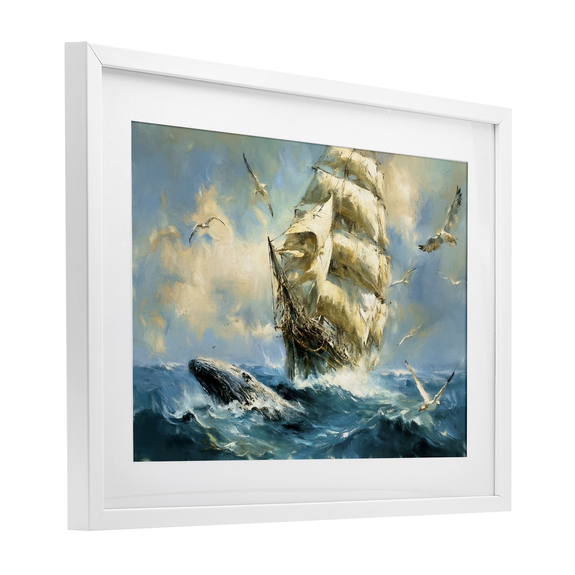 Stupell Industries Clipper Ship & The Whale White Framed Print Under Glass, design by Tina LeCour